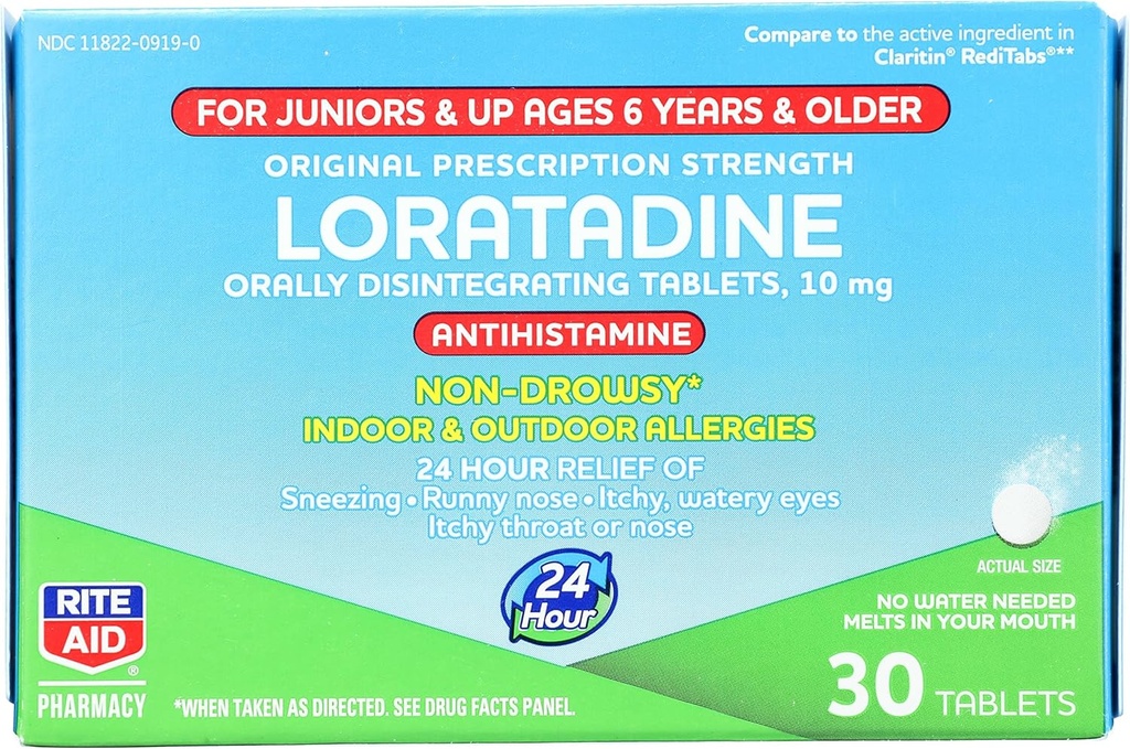 Rite Aid Kid's Non-Drowsy Allergy Relief, Loratadin 10 mg, Mint Flavor - 30 tabletter oralt desintegrere faner | alder 6 og eldre
