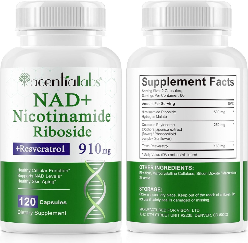 120 Count NAD Plus Supplement, Liposomal Nicotinamid Riboside kapsler 900MG med Resveratrol & Quercetin, høy renhet nikotinamid for anti-aldring, celle gegenerasjon/Energy/Immune Booster