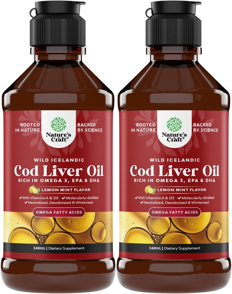 Islandsk villfanget cod leverolje væske - fiskeolje dråper med omega 3, EPA, DHA, vitamin D & A - flytende cod lever Supplement for hjerte, ledd, hjerne og immun støtte - 240 ml (8 Ounce) 2 Pack