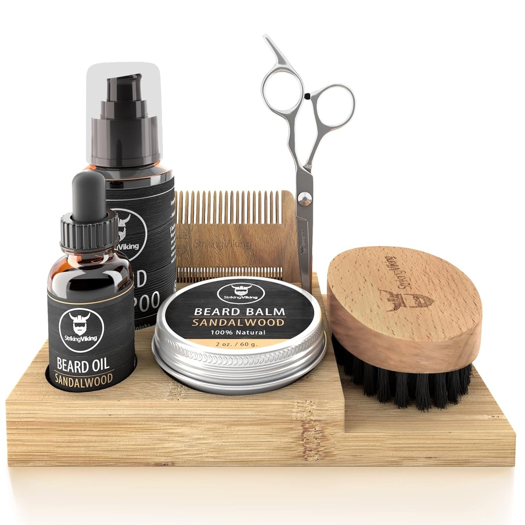 Striking Viking Beard vekstsett - 7-Piece sett, Sandalwood Scent & Caddy - Olje & Balm med Beard Brush, Dual-Sided Comb & Scissors pluss Mustache Comb for Grooming & Styling