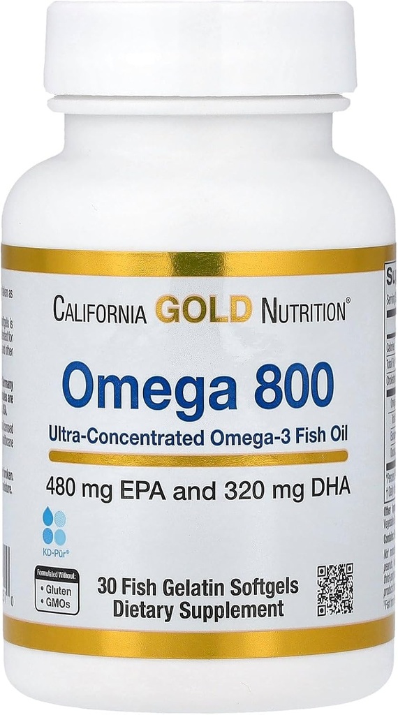 California Gold Nutrition Omega 800 Ultra-konsentrert Omega-3 Fish Oil, kd-pur® Triglycerid Form, 30 Fish Gelatin Softgels (1 000 mg per Softgel)