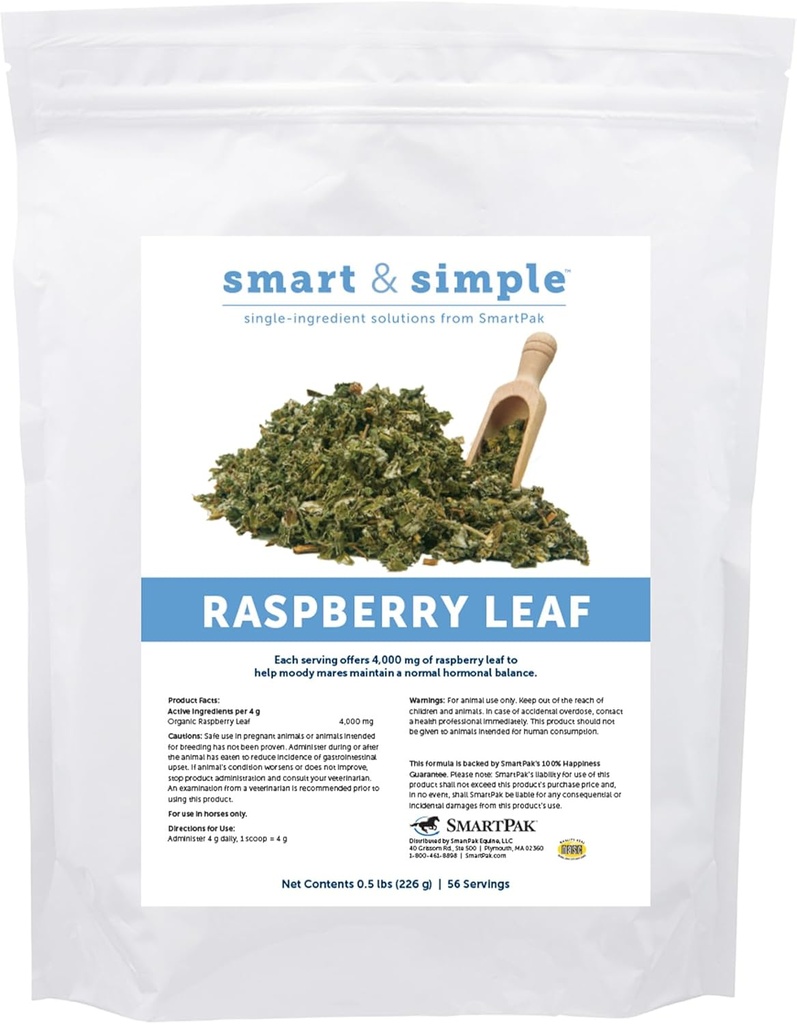 Smart og enkel bringebær leaf | Heste Moody Mare Supplement | Økologisk hele leaf | Single Ingredient | Equine Supplement | 56 Serveringer | 0,5 lb Bag