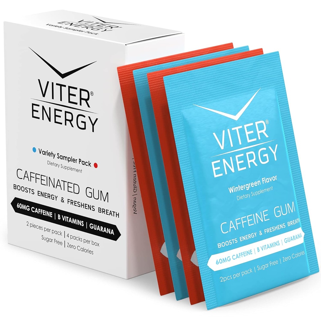 Viter Energi Koffeinert Gum 60 mg Koffein, B-vitaminer, Guarana, sukkerfri. (Variety, 2 stk, 4 pakke)