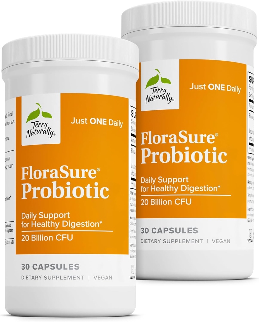 Terry Naturally FloraSecure Probiotic - Digestionstilskudd til hjelp mot anledningsblekning og støtte gass relief - Gut Health Support med Bifidobacterium Bifidum - 30 kapsler (pakke med 2)