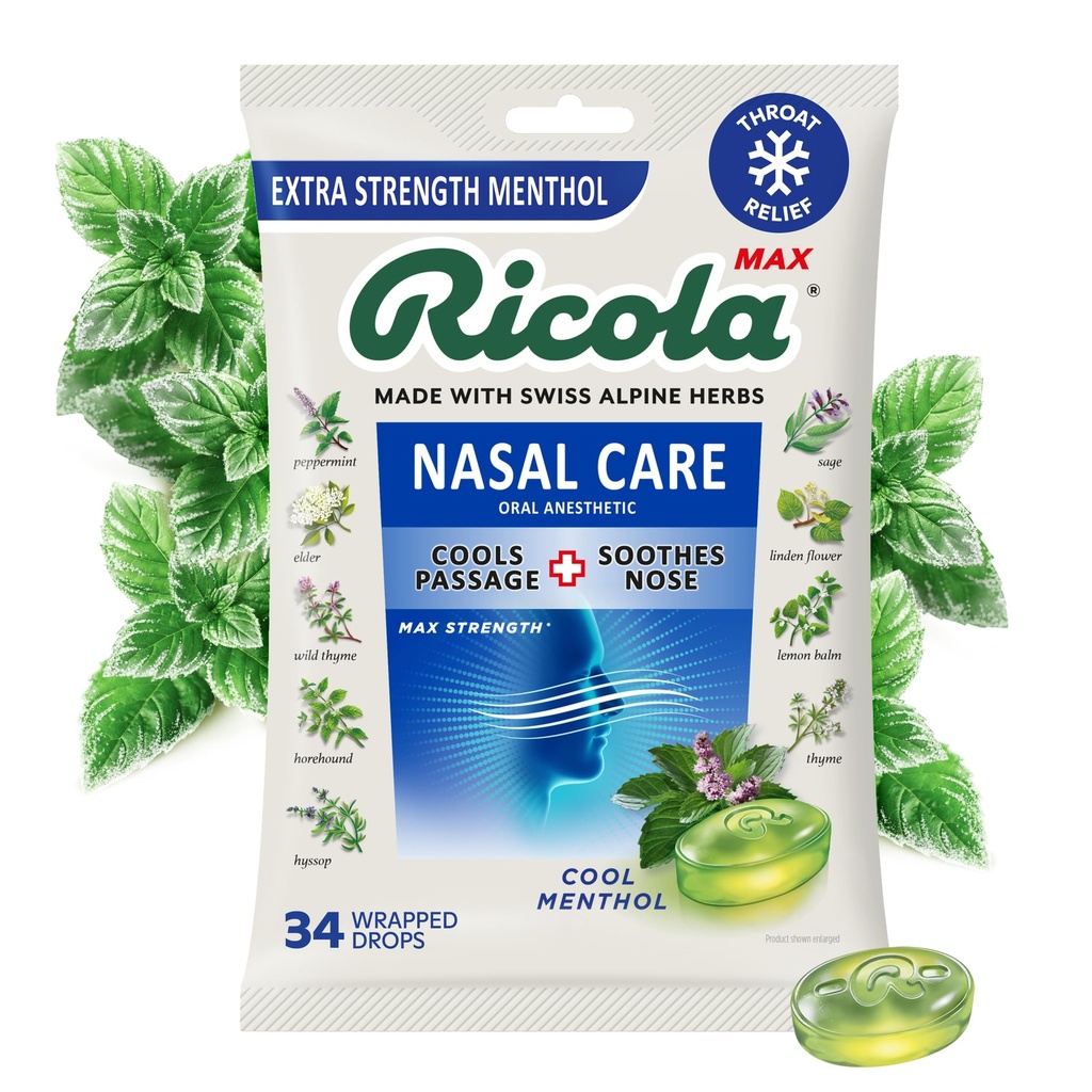 Ricola Max Cool Menthol Nasal Care Large Bag | Cough Suppressant Drops | Dual Action flytende senter | Soothing Lang-Lasting Relief - 34 Grev (Pack of 1)