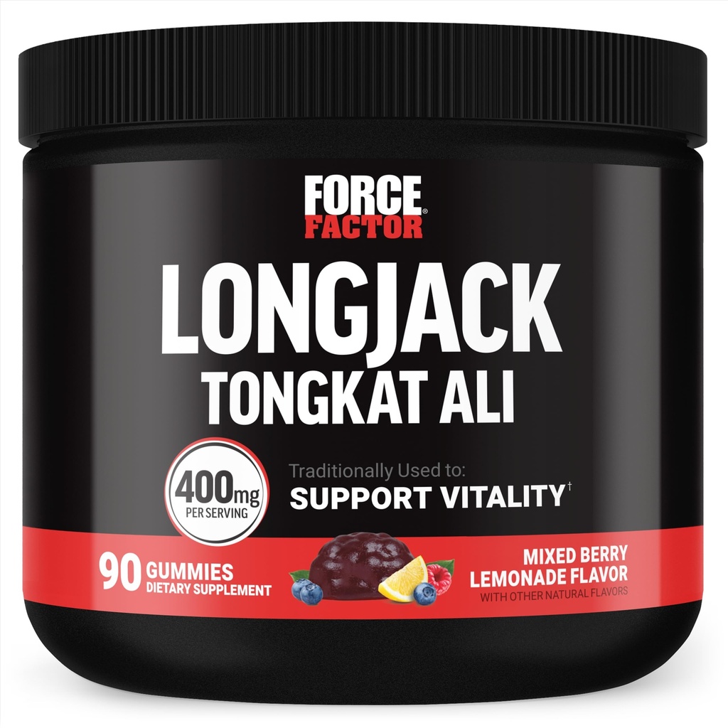 Force Factor Longjack Tongkat Ali Gummies, Tongkat Ali for menn å støtte Mann Vitality og Drive, 400 mg Tongkat Ali med BioPerine, Blandet Berry Lemonade, 90 gummier