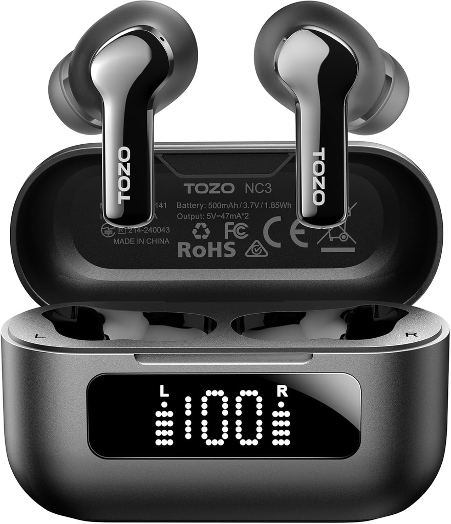 TOZO NC3 Hybrid aktiv støy Avbryt trådløse ørepropper med 6 mikrofoner AI Clear Call Ear Buds 55H Spilletid med LED-skjerm 32 forhåndsinnstillinger EQ via APP Bluetooth 5.3 IPX8 Vanntett i øretelefoner