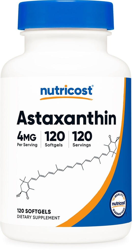 Nutricost Astaxanthin 4 mg, Glutenfri og ikke-GMO, 120 Softgels (4 måneders forsyning)