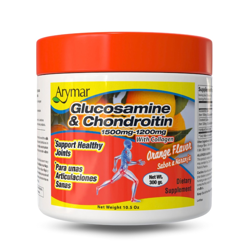 Arymar Glukosamin 1500 mg + Chondroitin 1200 mg med kollagen – Orange-Flavored Joint Health pulver, 300 g