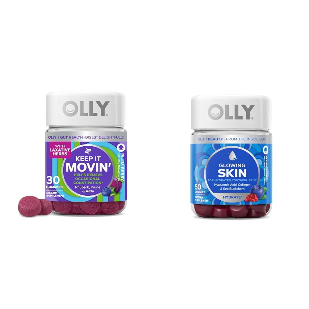 OLLY Stivelse Relief Gummies med Rhubarb, Prunes, Amla Plum Berry Flavor 30ct og Glødende hud Gummy med hyaluronsyre, kollagen, Sea Buckthorn 25 dagers forsyning Plump Berry 50 greve