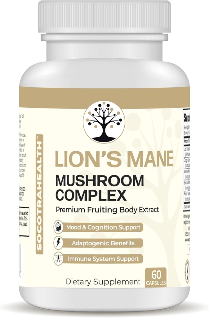 Lions Mane Mushroom Supplement - Premium Fruiting Body Extract - med Chaga, Maitake, Shiitake, Reishi - Mood, Hjerne og Immune Support, Adaptogen - Ikke-GMO - 60 Vegan Kapsler