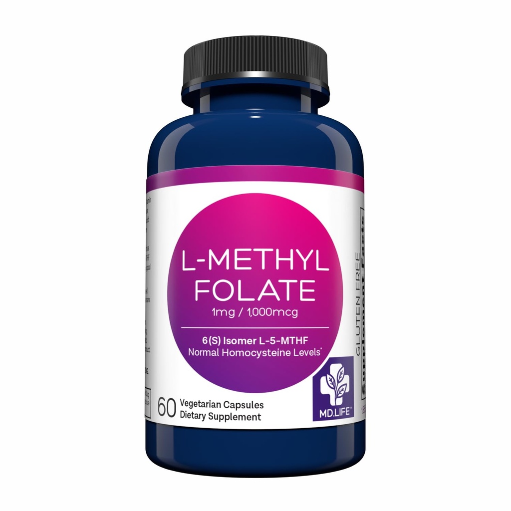 MD Life L Metylfolat 1 mg - Professional-Grade Active Metylfolat Supplement - Maks potens MTHFR Kosttilskudd - L metylfolat 1 mg 60 kapsler - essensielle aminosyrer