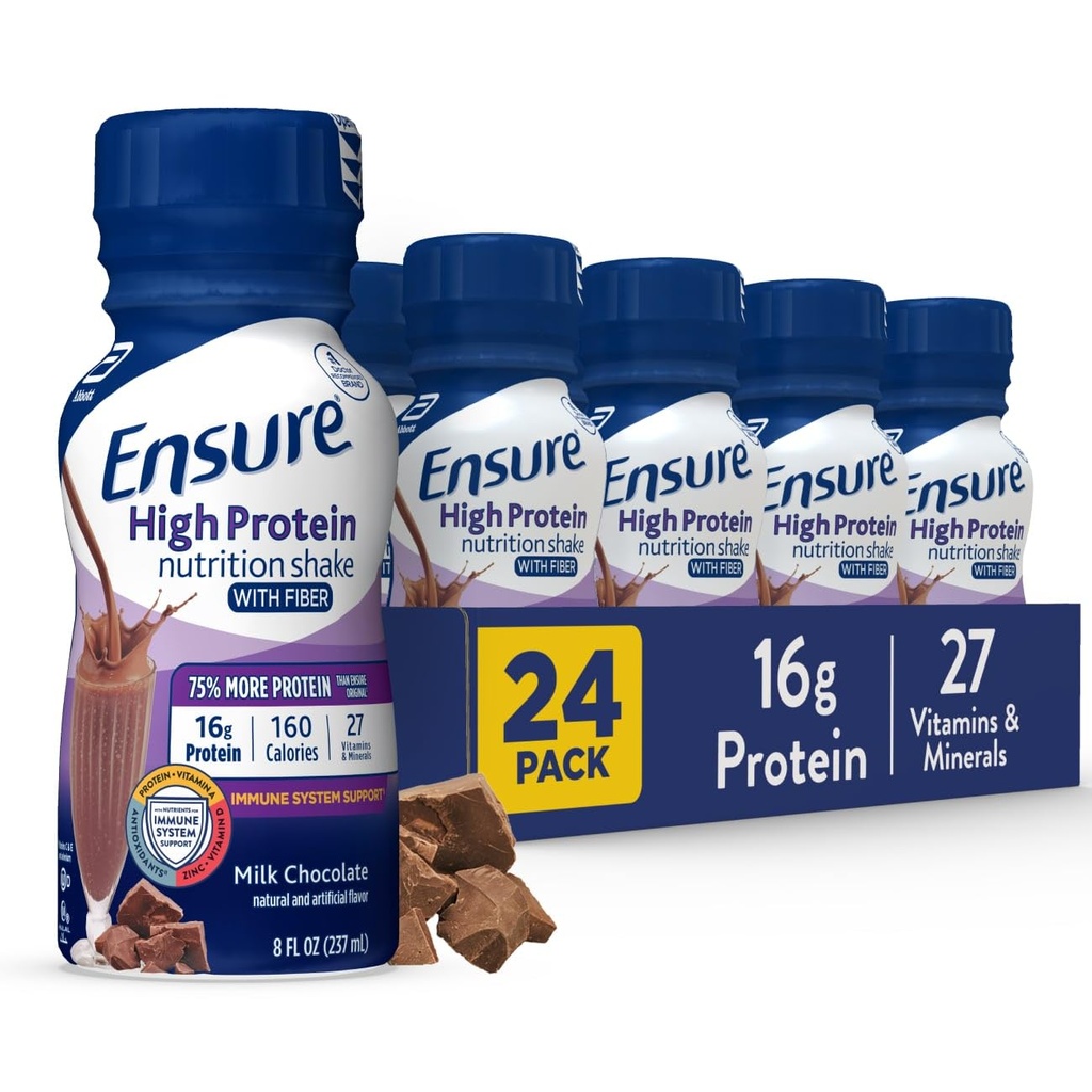 Sikre høyproteinflasket melk sjokolade ernæringshake med fiber, klar til å drikke, 16g protein og 27 vitaminer og mineraler, 8 fl oz, 24 Pack
