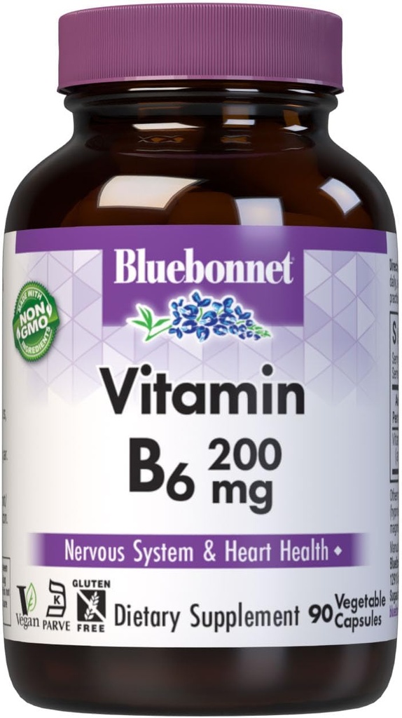 Bluebonnet ernæringsvitamin B6 Grønnsaker Kapsler, 200 mg, For kardiovaskulær og nervesystemet helse, Soya gratis, Glutenfri, Kosher, Dairy Free, Vegan, Ikke-GMO, 90 Grønnsaker Kapsler, 90 Serveringer