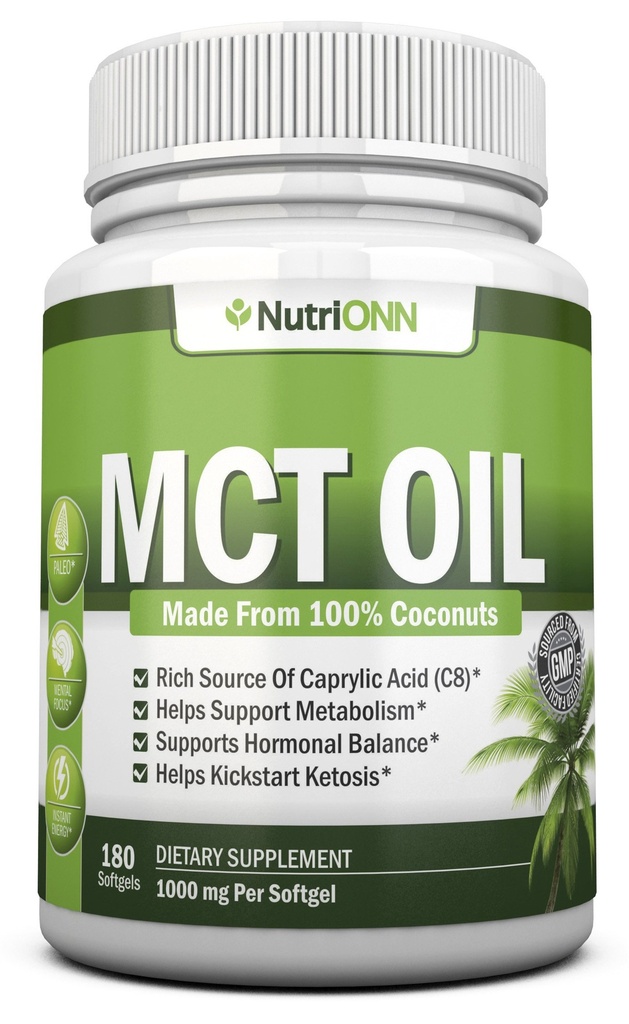 MCT Olje - 3000mg Per Serving - 180 Softgels - laget av 100% økologiske kokosnøtter - ikke GMO, kaldt presset, Paleo vennlige kapsler - Flott for fokus og Gut helse