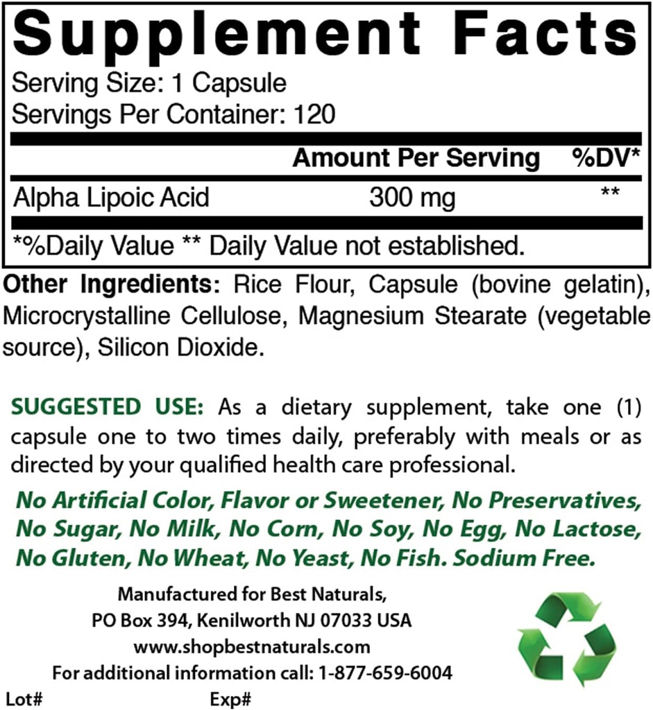 Beste Naturals Alpha Lipoic Acid 300 mg og magnesiumglycinat 425 mg