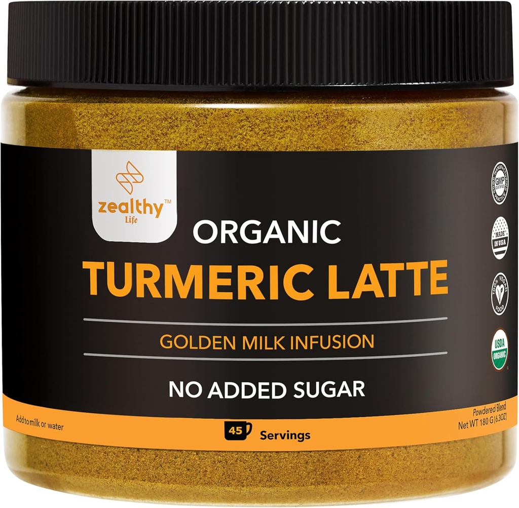 Organic gurkemeie latte pulver – USDA Certified, Ingen tilsatt sukker gurkemeie Supplement med ceylon kanel, Zealty Life, 45 Serveringer
