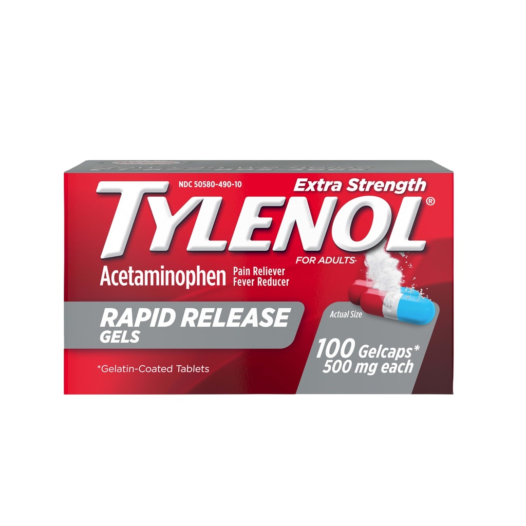 Tylenol ekstra styrke Acetaminophen Rapid release geler, smertefri og feber Reduser, Gelcaps med laser-Drilled hull for rask frigivelse, Gentle på magen, 500 mg Per Gelcap, 100 greve OTC medisin