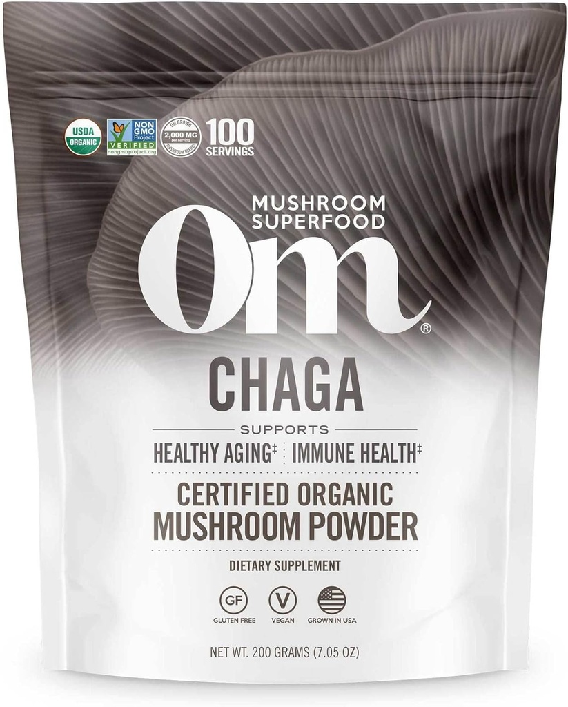 OM MUSHROOM SUPERFOOD Chaga Organic Mushroom Powder, 7,05 Ounce Pouch, 100 serveringer, amerikansk voksende, hellige antioksidanter og immun støtte, Superfood Mushroom Supplement