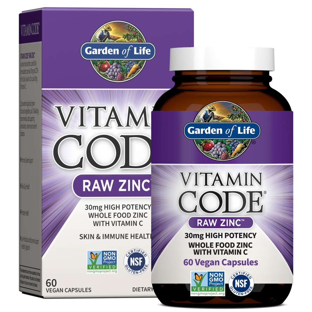 Hage av liv sink kosttilskudd 30 mg høy styrke rå sink og vitamin C multimineral supplement, vitamin kode vitaminer spor mineraler og probiotika for hud helse og immun støtte, 60 vegansk kapsler