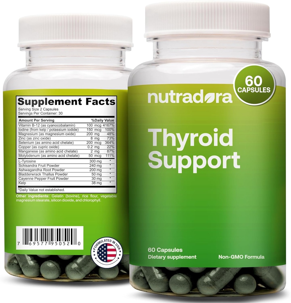 Thyroid støtte for kvinner og menn - Thyroid Supplement med jodin, vitamin B12, Ashwagandha, Selenium og sink kosttilskudd, GMP-sertifisert, Formulert i USA, 60 kapsler (pakke med 1)