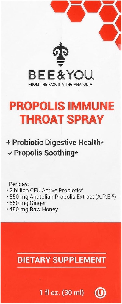 Bee and You Propolis og Probiotic Throat Spray med Ginger, Immun Support, Digestiv Helse, Antioksidanter, Keto, Paleo, Glutenfri, 1 Fl oz