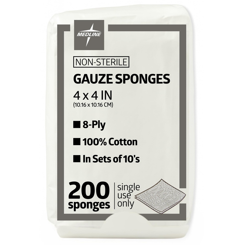 Medline 4 x 4 tommers gauze sponger, ikke-steril 8-Ply woven gauze, 100% bomull, ideell for sår dressing, sårbehandling, generell førstehjelpsbruk, pakke på 200