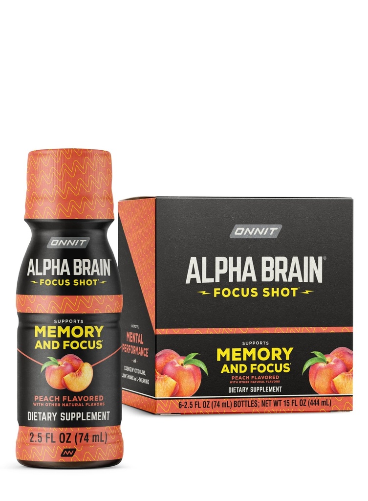 ONNIT Alpha Brain Focus Shot, Peach Flavor, Nootropic Dietary kosttilskudd Drink som støtter energi, fokus og humør, IGENTM ikke-GMO testet, 2,5 fl oz, 6 count