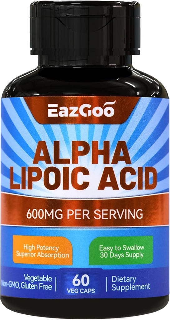 Alpha Lipoic Acid Supplement, Alpha Lipoic Acid 600mg Per servering, Vegan, Glutenfri, Ikke-GMO ALA Supplement, 60 Grønnsaker Kapsler
