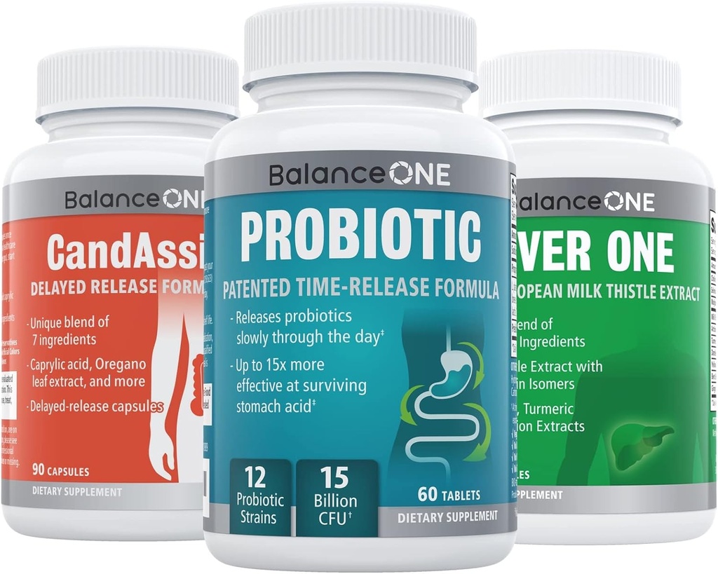 Balanse En 2 måneders Kit | Probiotic, CandAssist, Liver One | 15 milliarder CFU Probiotic | Naturlig rengjøring med Caprylsyre | Liver støtte med Melk Thistle