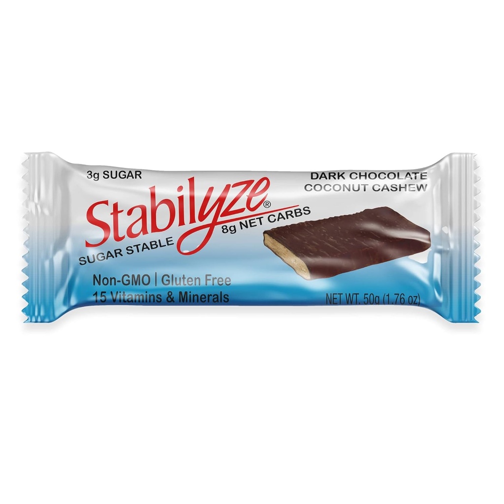 Stabilyze ernæring barer, mørk sjokolade kokos cashew, ketomåltid erstatning barer med 15 essensielle vitaminer og mineraler, glutenfri, ikke GMO, lav karbohydratsnacks, individuelt omgitt (12 pakke)