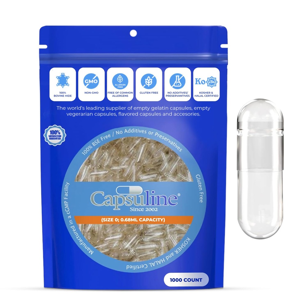 Capsuline størrelse 0 tomme gelatinkapsler, klar - 1000 greve | Glutenfri, Kosher, ikke-GMO sertifisert | ren bovine piller for DIY Supplement Fylling - 1000