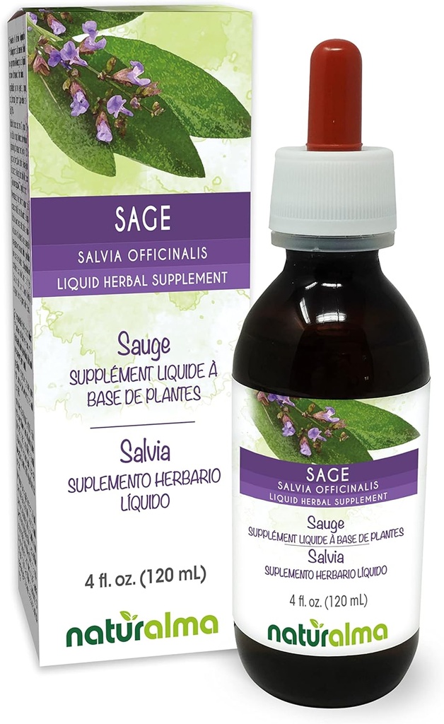 Naturalma Sage (Salvia officinalis) Leaf alkoholfri tinktur - 4 oz flytende ekstrakt i dråper - Herbal Supplement - Vegan