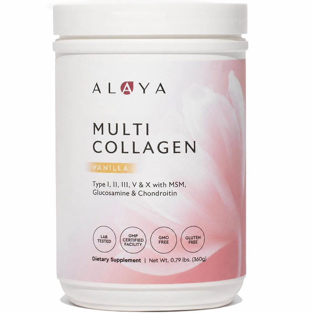 Alaya Multi Collagen pulver - Type I, II, III, V, X Hydrolysert Collagen Peptider Protein pulver Supplement med MSM + GC (Vanilla)