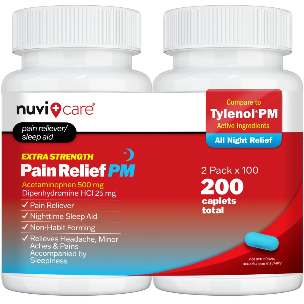 Ekstra styrke smerte relief PM - Acetaminophen 500 mg & Diphenhydramine 25 mg - Sammenligne med Tylenol PM Extra styrke søvnhjelp - Voksen PM smertefri for nattesmerter og smerter (100 tabletter)
