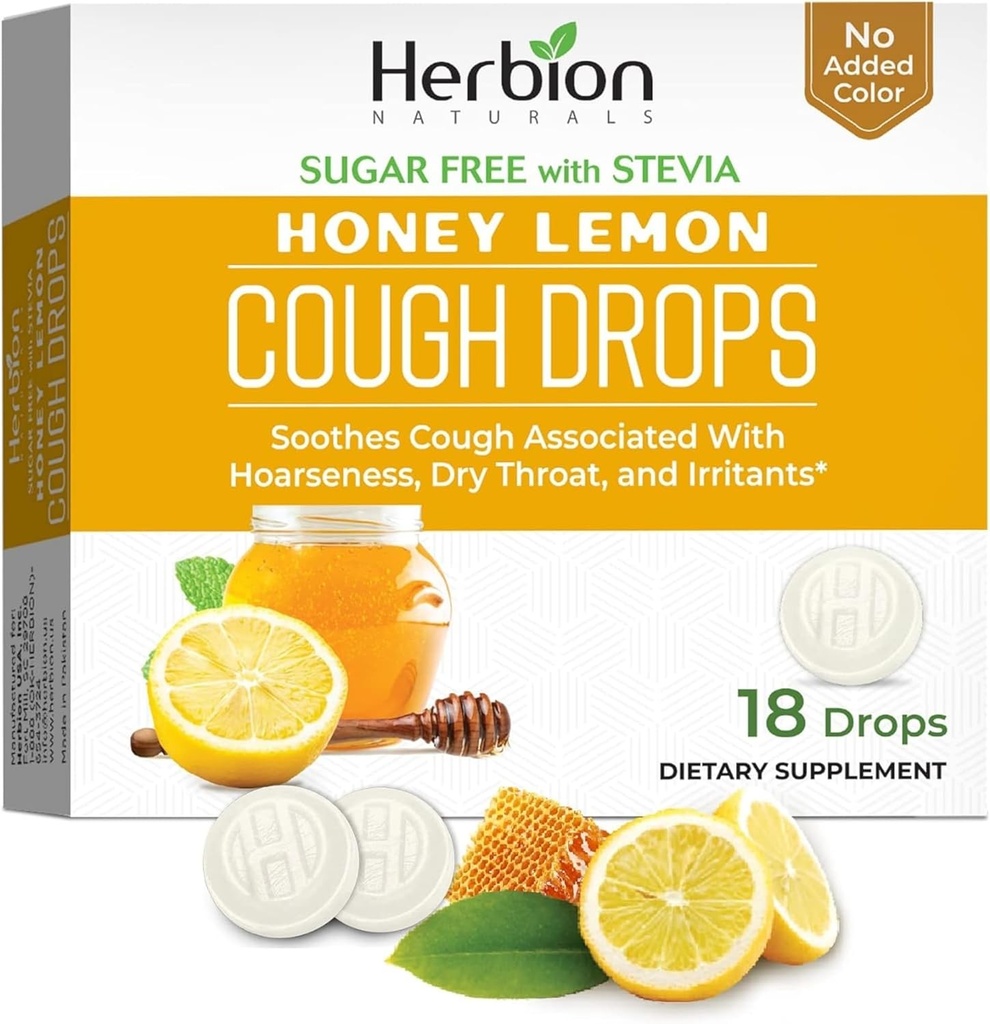 HERBION Naturals Cough Drops, sukker-fri med Stevia, kosttilskudd, Soothes Cough, for voksne og barn over 6 år, 25 dråper hver (18 count (pakke med 1), honning sitron)