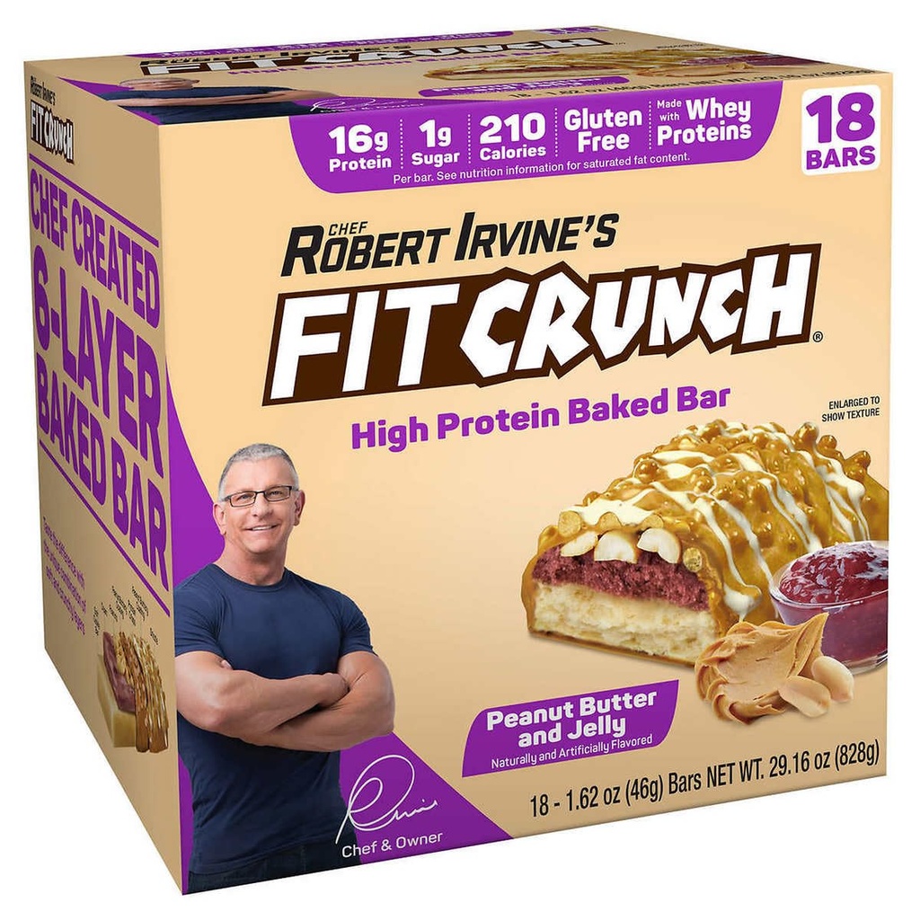 FITCRUNCH Snack størrelse Protein Barer, 6-lags bakt bar, 1g sukker, Glutenfri og myk Cake Core (18 Barer, Peanut Smør og Jelly)