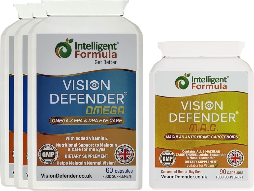 Vision Defender MAC og Omega daglig generell øye-helse Bundle (90 dagers forsyning). Øyevitaminer Supplement inneholder karotenoider Lutein, Zeaxanthin, Omega-3 (DHA, EPA). Laget i Storbritannia av øyespesialister