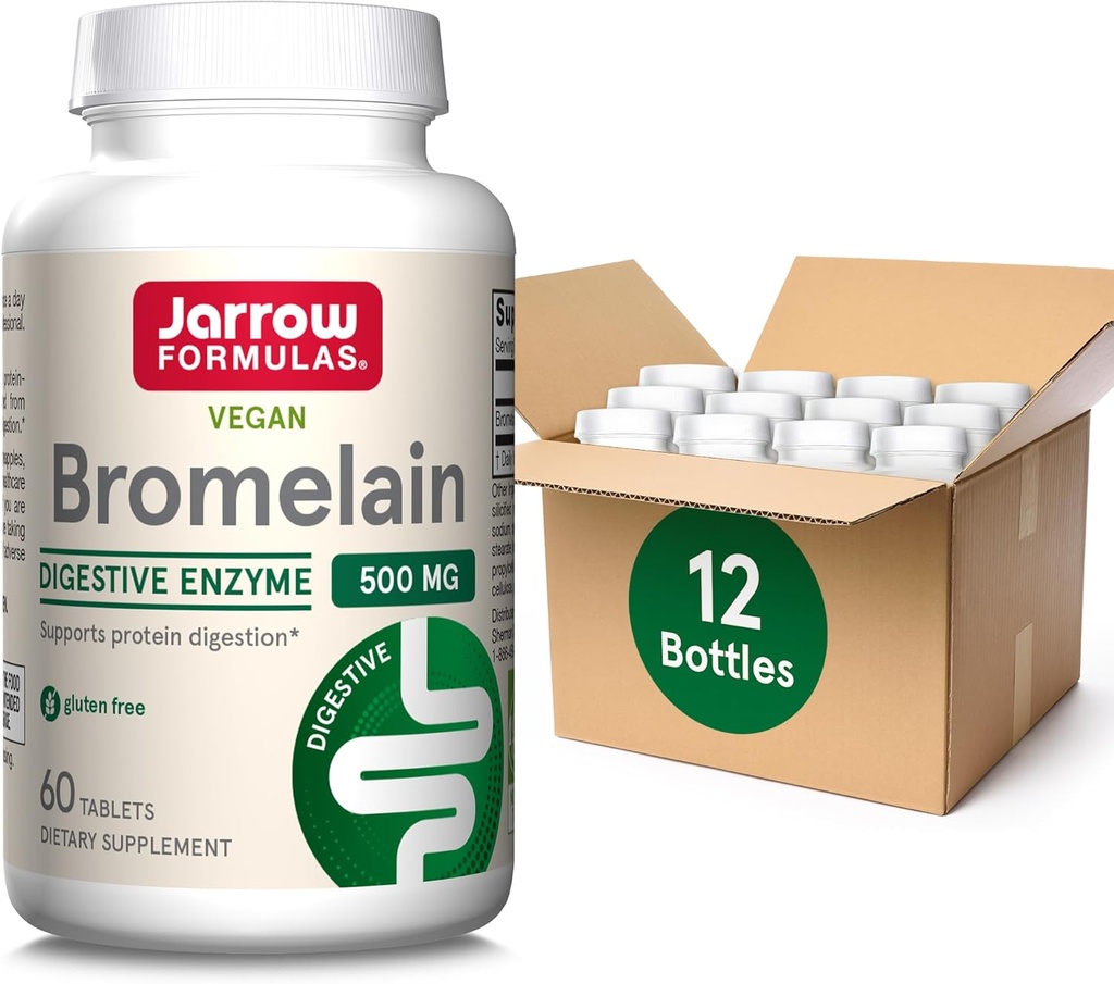 Jarrow Formula Bromelain Tabletter, 500 mg Diett Supplement for protein digestion, 60 tabletter, 60 dagers forsyning, (pakke på 12)