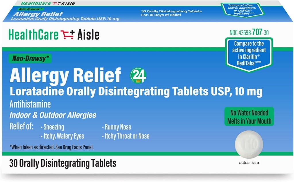 HealthCareAisle Allergi Relief - Loratadin 10 mg oralt disintegrerende tabletter USP - 30 tabletter - Original reseptbelagt styrke Allergi medisinering, 24-timers relief