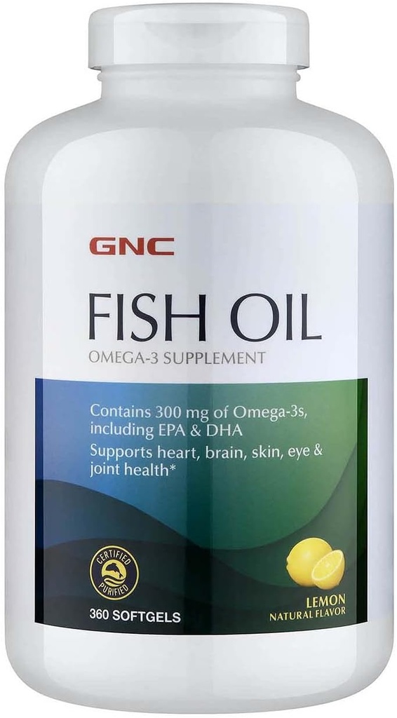 GNC Fish Oil Omega 3 Supplement, 300 mg EPA og DHA, sitronflavor, støtter hjerte, hjerne, hud, øye og felles helse, 360 Softgels, 360 Serveringer