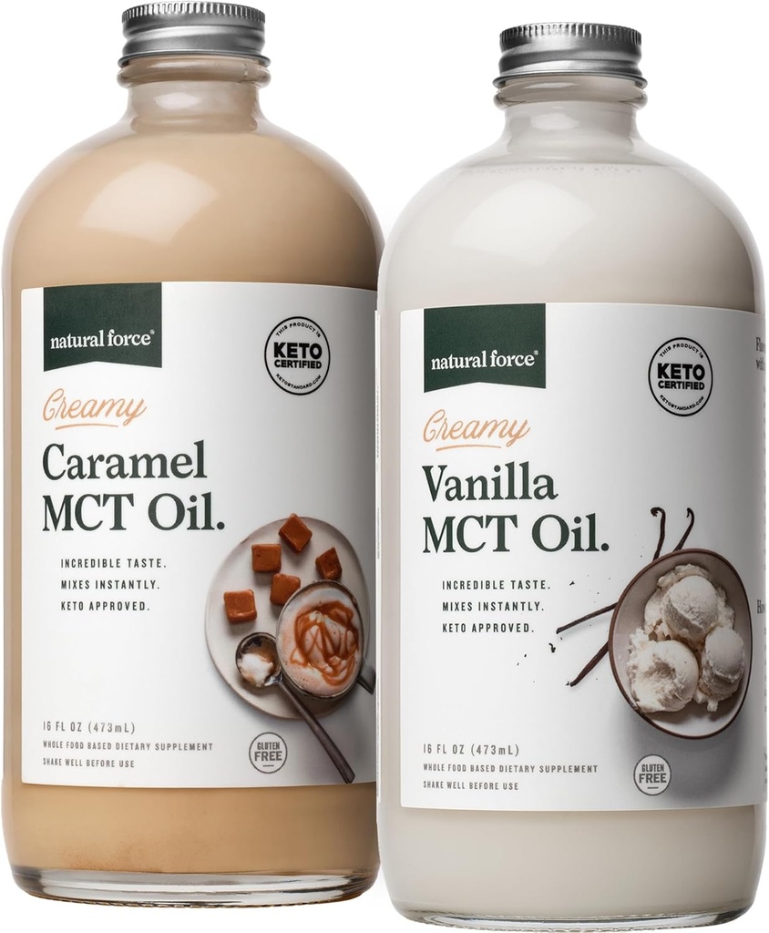 Natural Force Creamy Vanilla + Creamy Caramel MCT Olje Bundle - Glutenfri, Ikke GMO, Emulgerte Flavored MCTs fra organiske kokosnøtter - Keto, Paleo og Vegan - 2x 16 Ounce Glassflasker
