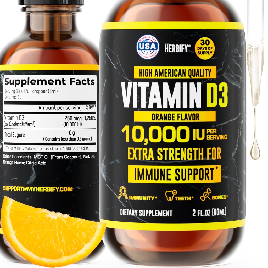 HERBIFY vitamin D30000 IU - laget i USA flytende vitamin D drops - Bone styrke og immunstøtte Supplement - Sunshine erstatning - D3 vitamin bein og tenner Supplement - 2 Oz