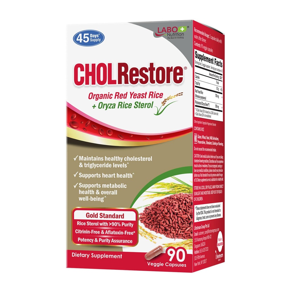 LABO Nutrition CHOLRestore – rød yest ris med Phytosterol Helse Supplement, støtter sunn kolesterol nivåer, Citrenin, Aflatoksin og soya gratis, 90 vegetariske kapsler
