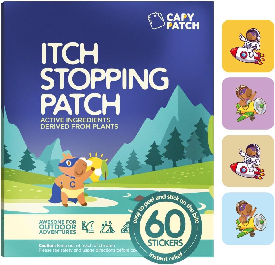 CAPY Bug Bite Itch Relief Patches for barn - 60 greve, reise og camping Essentials, Hydrokortison Alternative, Itch Relief Stickers for Mosquito & Bug Bites