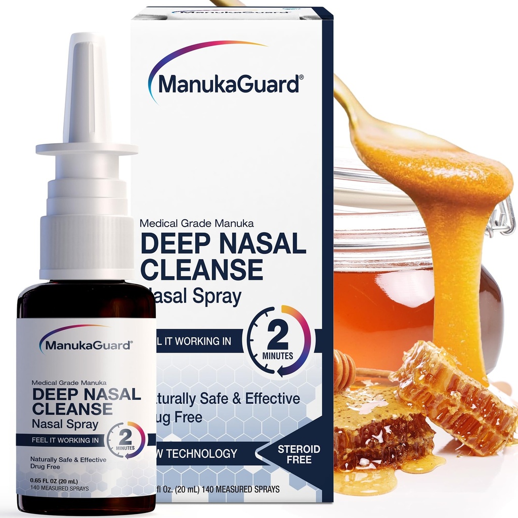 ManukaGuard Medisinsk Grade Manuka Honning Natural Nasal Spray med saltvannsløsning for Congestion Support, Sinus og Allergy Relief, Nasal Moisturizing, New Zealand Honning, MGO 600, 0,65 fl oz flaske