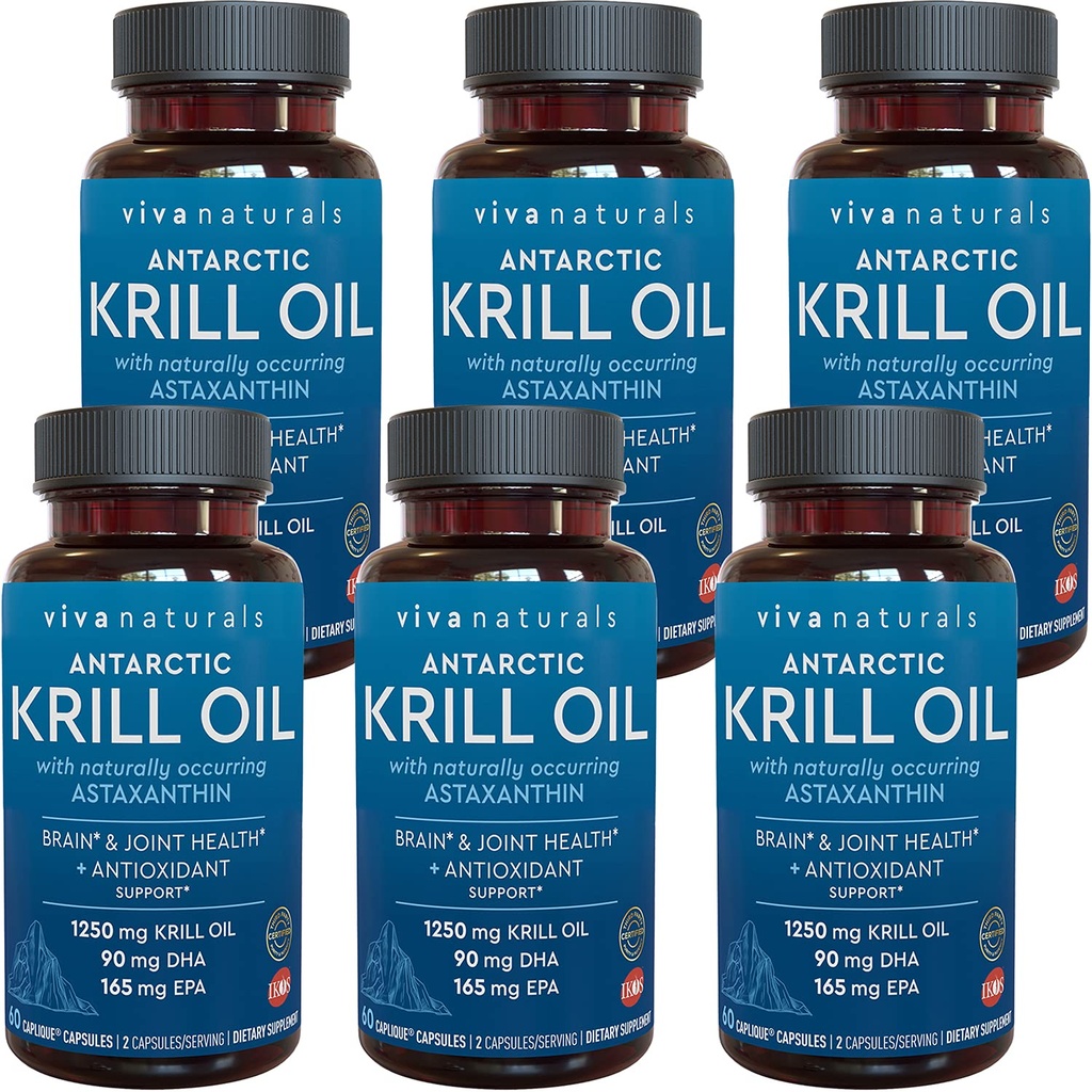 Viva Naturals Antarctic Krill Oil 1250 mg, Omega 3 EPA DHA og Astaxanthin, felles støtte og hjernesupplement med antioksidant egenskaper, ingen fiskelig ettersmak (Pack of 6)