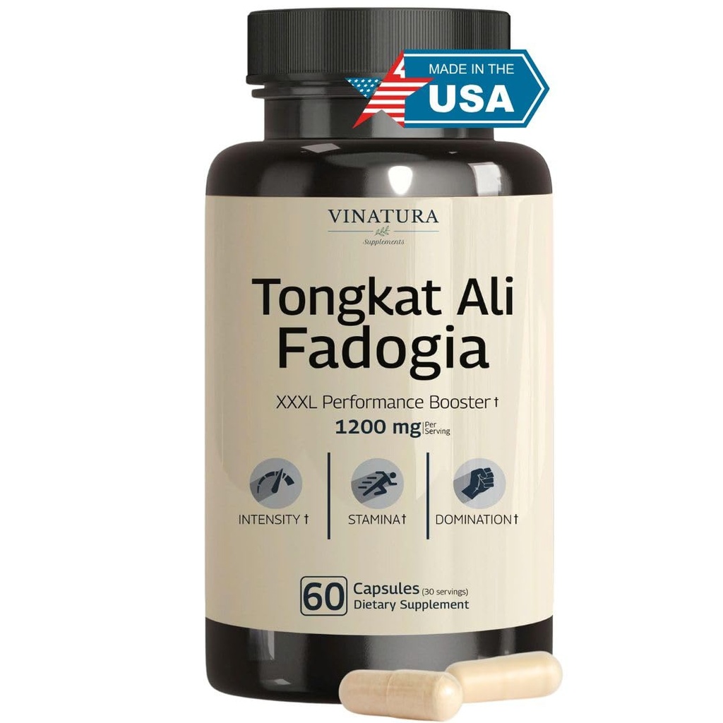 Tongkat Ali Fadogia Agrestis - 1200 mg, Forbedret med Nitric Oxid Booster Supplement, Longjack Tongkat Ali for menn, * USA laget og testet*, 60 kapsler