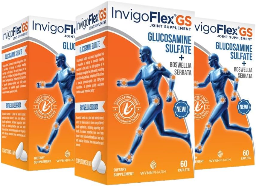 INVIGOFLEX Glukosamin Sulfate (Shellfisk Gratis, Natrium Gratis og Vegetarisk Safe) Ikke GMO, Glutenfri - med Boswellia Serrata - Premium Joint Supplement GS - 3 Pack