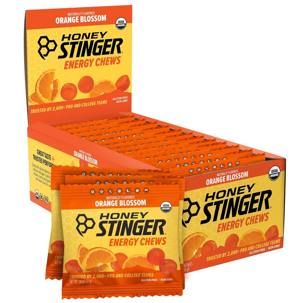 Honning Stinger Organic Orange Blossom Energi Chew, Glutenfri og Koffeinfri, for øvelse, løping og ytelse, Sportsnæring for hjem og gym, Før og midt trening, 12 Pack, 21.6 Ounce